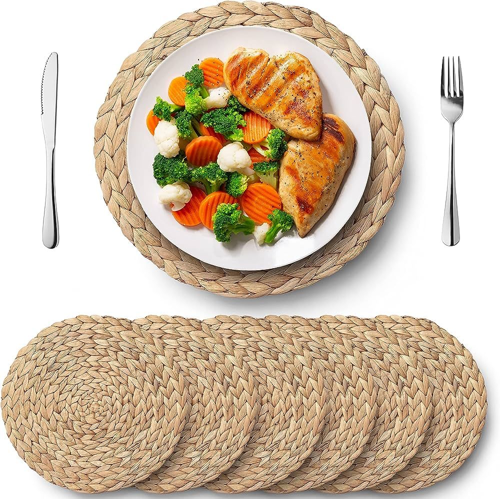 LUDAMI Woven Placemats Set of 6-100% Water Hyacinth Round Placemats - Non-Slip and Heat Resistant... | Amazon (US)