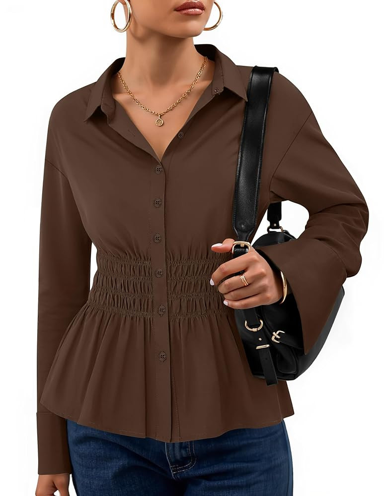 ZESICA Womens Long Sleeve Cotton Work Office Shirts 2025 Fall Business Casual Collared Tops Butto... | Amazon (US)