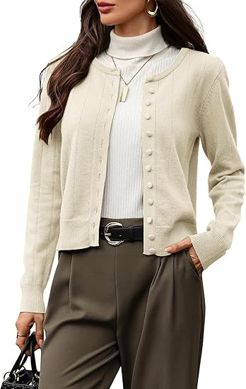 Women's 100% Wool Cropped Cardigan Ribbed Round Neck Button Down Cozy Lightweight Knit Sweater fo... | Amazon (US)