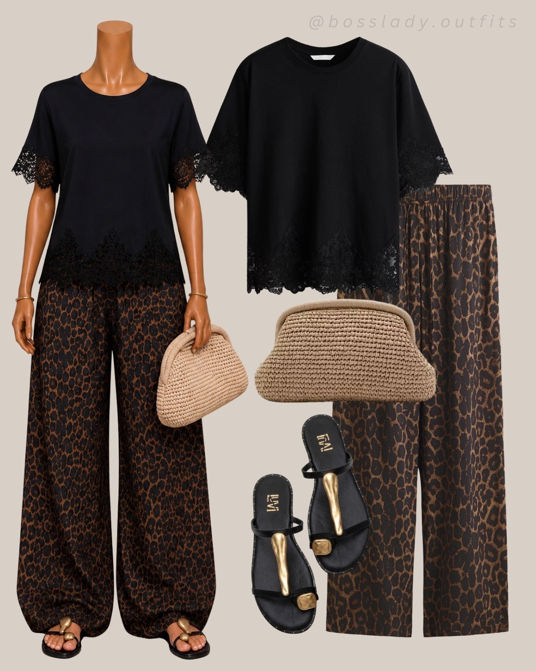 Leopard pants and a lace top, that's the whole fit

Tags: black lace top, leopard print pants, wide leg pants, straw clutch bag, black sandals, going out outfit, casual outfit idea, everyday outfit, outfit inspo, summer outfit, vacation outfit, night out outfit

#LTKsummer #LTKstyletip #LTKshoes