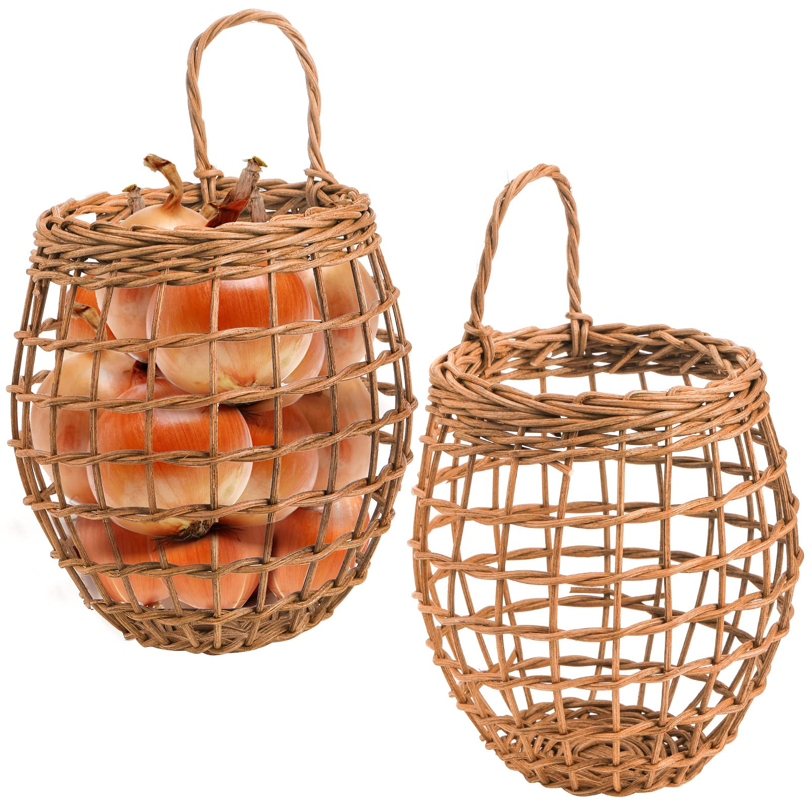 Elsjoy Set of 2 Hanging Onion Basket, Wall Mount Small Wicker Baskets for Food Storage, Woven Rat... | Amazon (US)