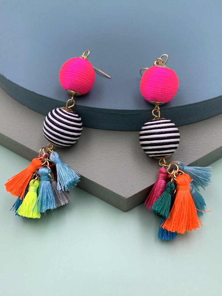 1pair Color Block Tassel Drop Earrings | SHEIN