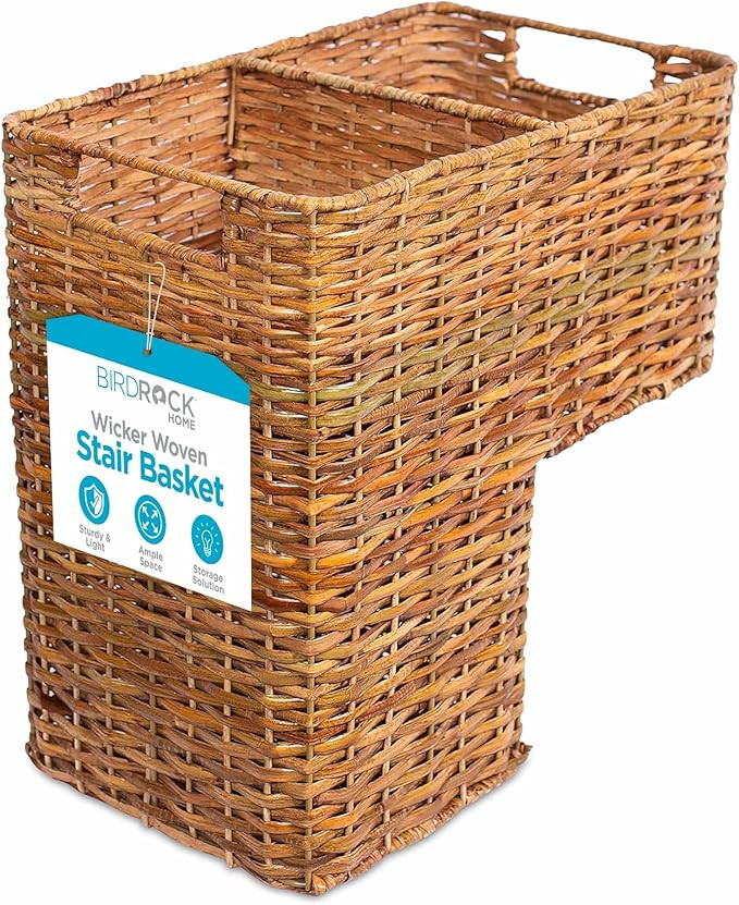BIRDROCK HOME Stair Basket for Staircases – Wicker Woven Storage Bin with Cut Out Handles – N... | Amazon (US)