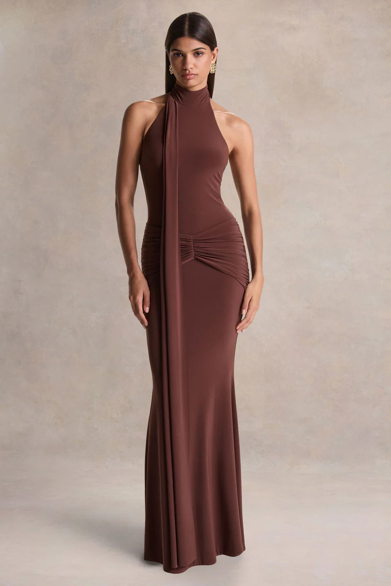 Hyla  Brown High-Neck Maxi Dress With Sash-Detail | Club L London
