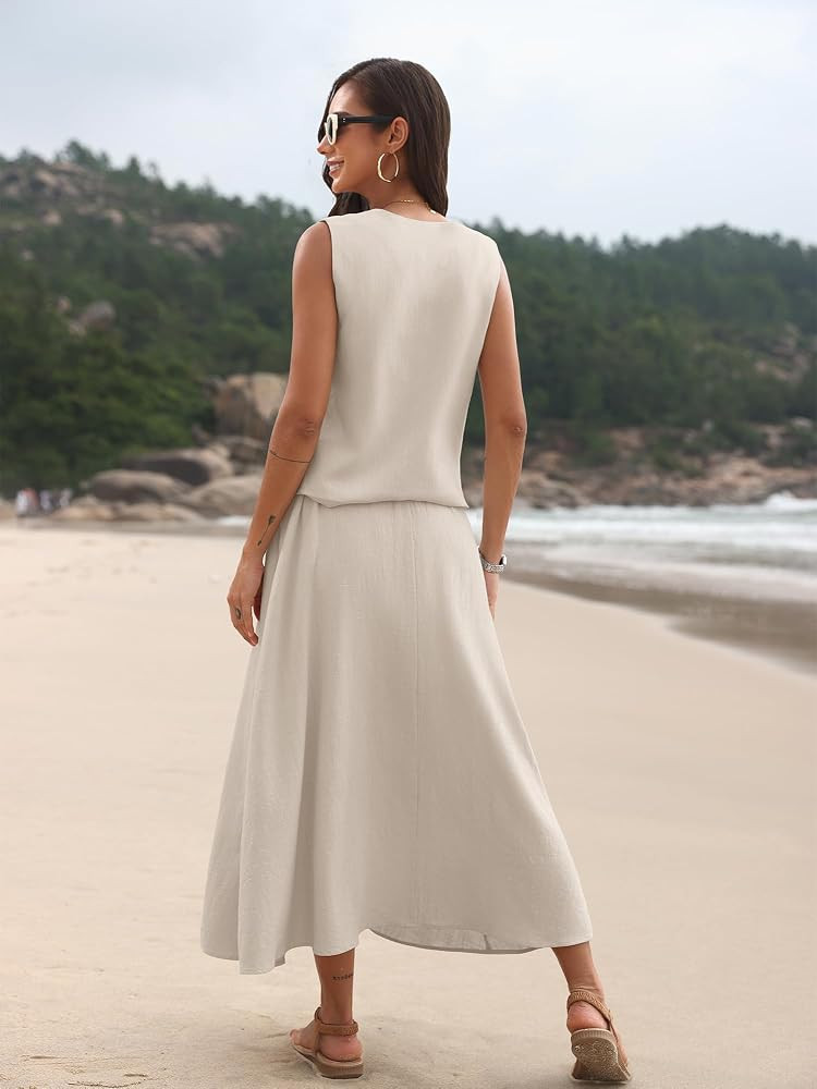 ELLEVEN 2 Piece Linen Sets for Women Summer Outfit,V-Neck Vest Top & Flowy Maxi Skirt | Amazon (US)
