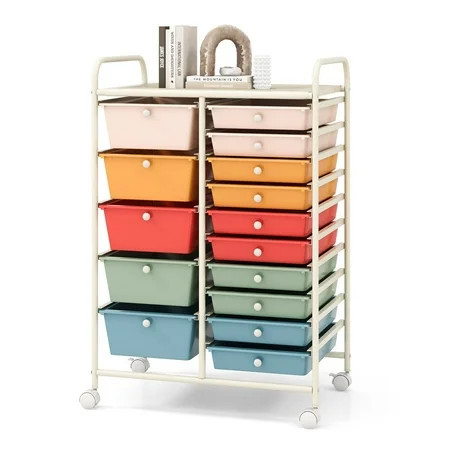 Costway 15 Drawer Rolling Storage Cart Tools Scrapbook Paper Office School Organizer Multicolored | Walmart (US)