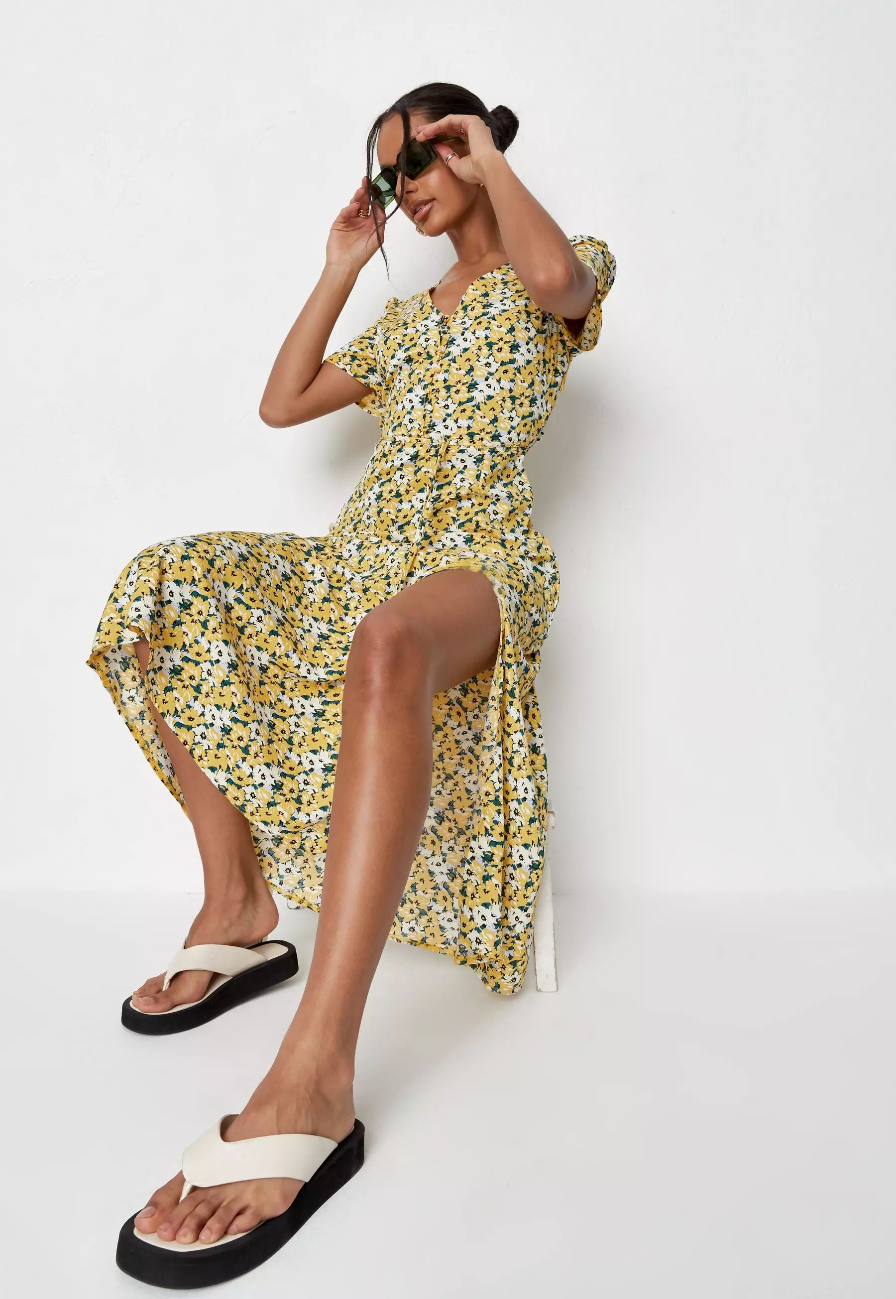 Yellow Floral Half Button Midi Tea Dress | Missguided (US & CA)