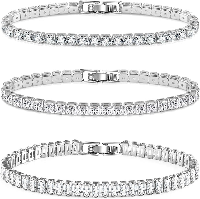 LANCHARMED Silver Tennis Bracelets for Women Set 3 PCS 4MM 5MM Mixed Cubic Zirconia Classic Tenni... | Amazon (US)