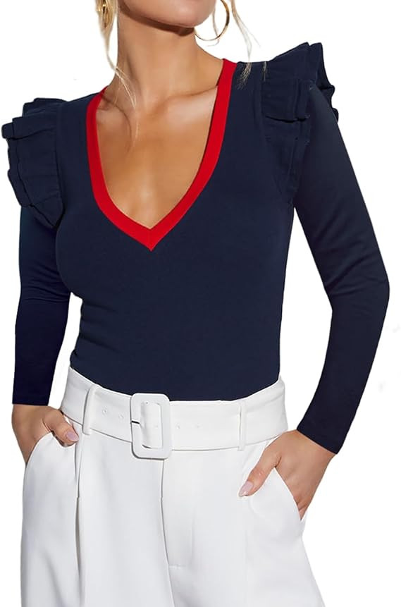 Ezbelle Women's Long Sleeve V Neck Ruffle Shirts Ribbed Knit Blouses Sxey Trendy Fall Tops 2026 F... | Amazon (US)