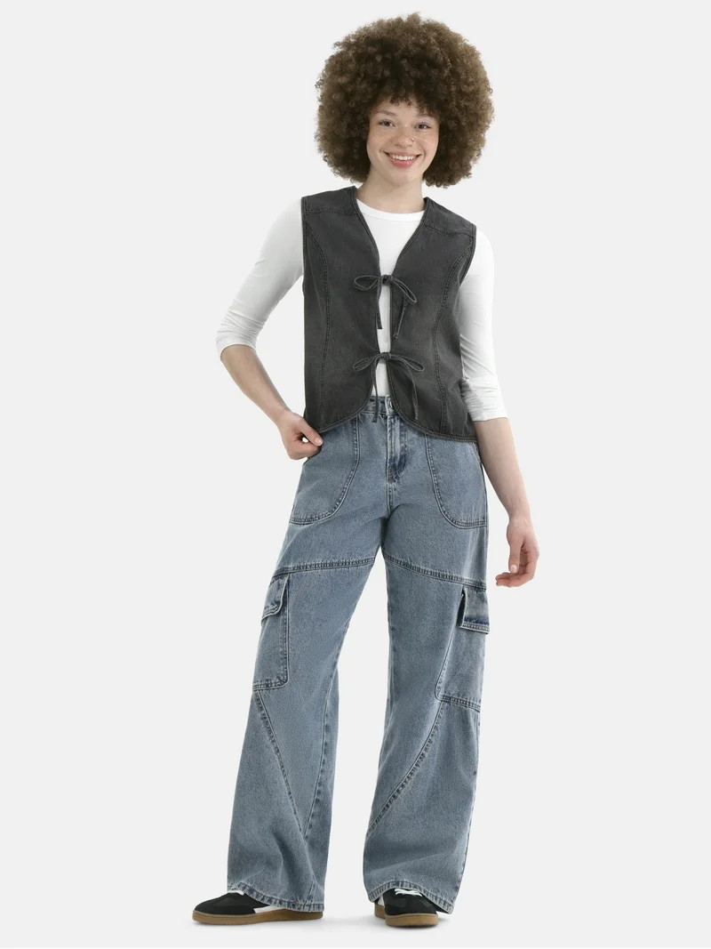 No Boundaries Cotton Denim Vest with Self Ties, Women's | Walmart (US)