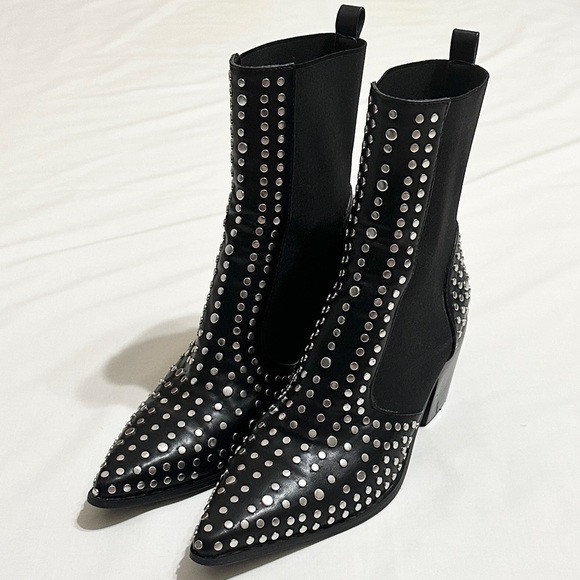 ShuShop ZsaZsa Silver Studded Black Ankle Boots, Pull-On Style - GUD - 9 | Poshmark