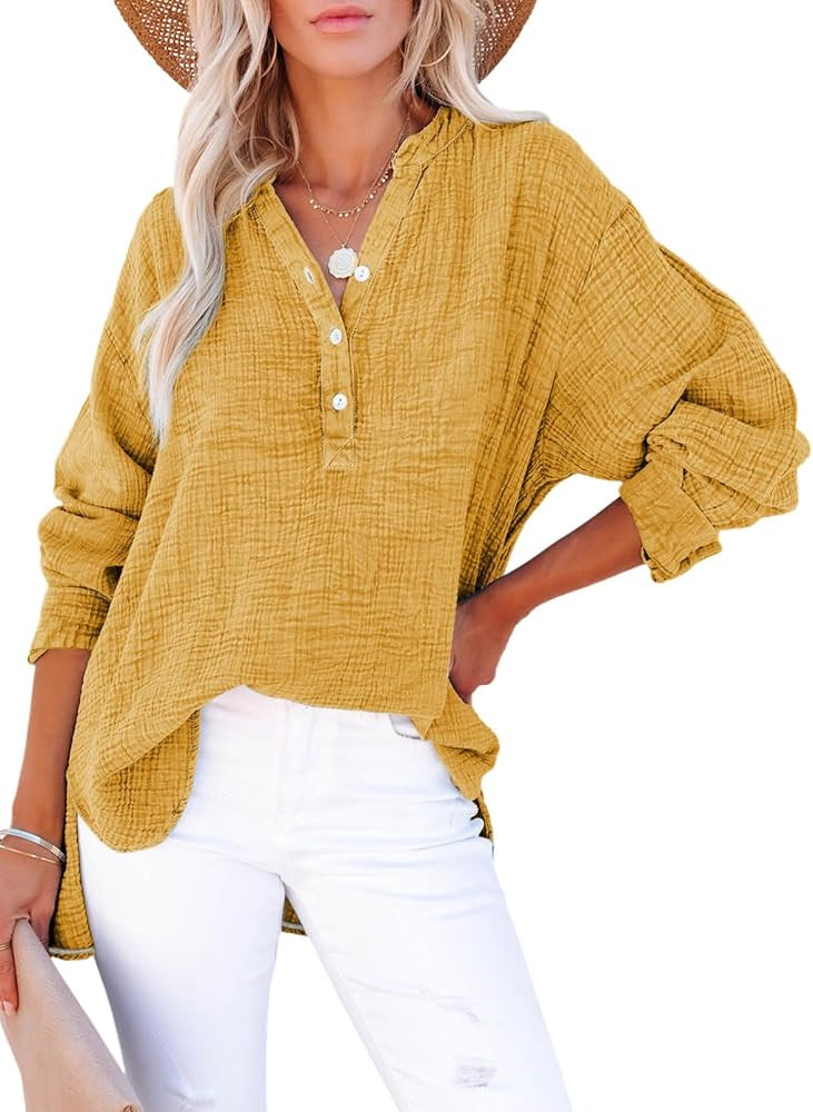 Dokotoo Long Sleeve Shirts for Women Casual V Neck Oversized Blouses Tops | Amazon (US)