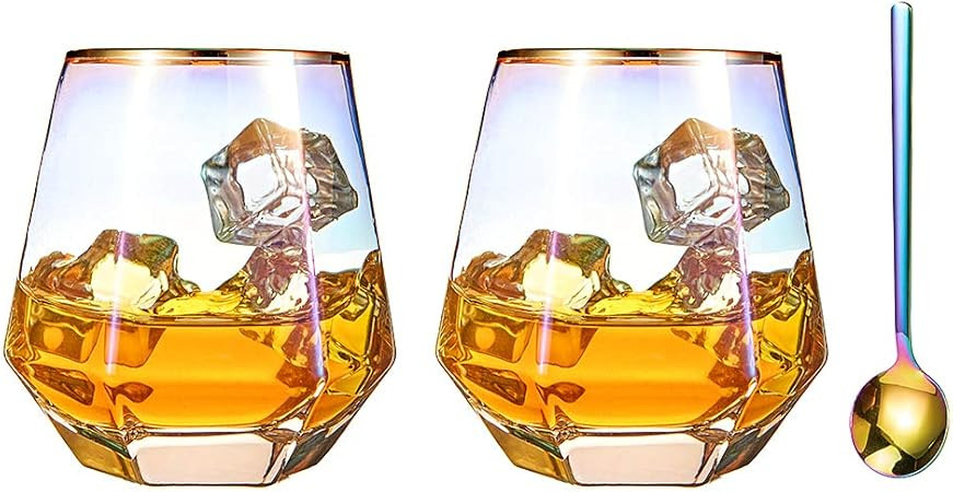 Diamond Whiskey Glasses Set of 2 Rocks Rainbow Glasses Gold Amber Banded Cocktail Drinkware for R... | Amazon (US)