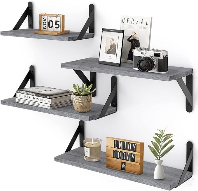 YGEOMER Floating Shelves, Set of 4, Gray Wood Wall Mounted Shelf for Living Room, Bathroom, Bedro... | Amazon (US)