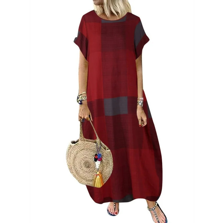ZANZEA Women Vintage Plaid Check Short Sleeve Kaftan Long Dress | Walmart (US)