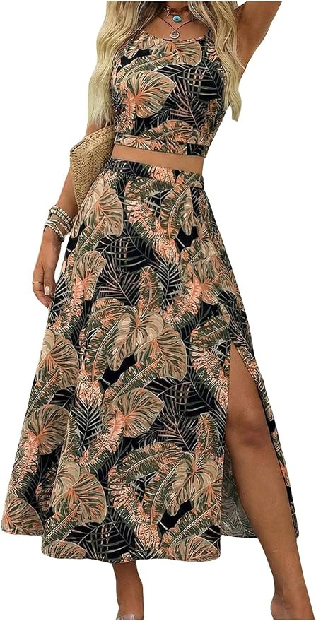 WDIRARA Women's Tropical Print 2 Piece Outfits Camisole Split Thigh Long Skirt Set Vacation Outfi... | Amazon (US)