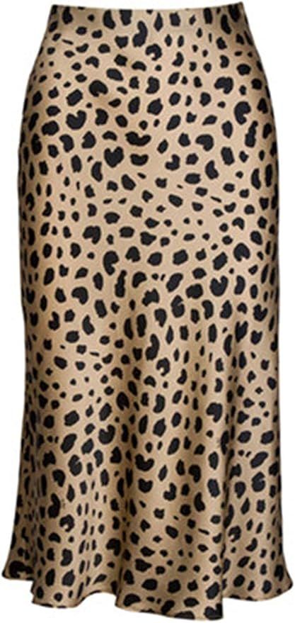 Soowalaoo High Waist Leopard Midi Skirt Hidden Elasticized Waistband Silk Satin Skirts | Amazon (US)