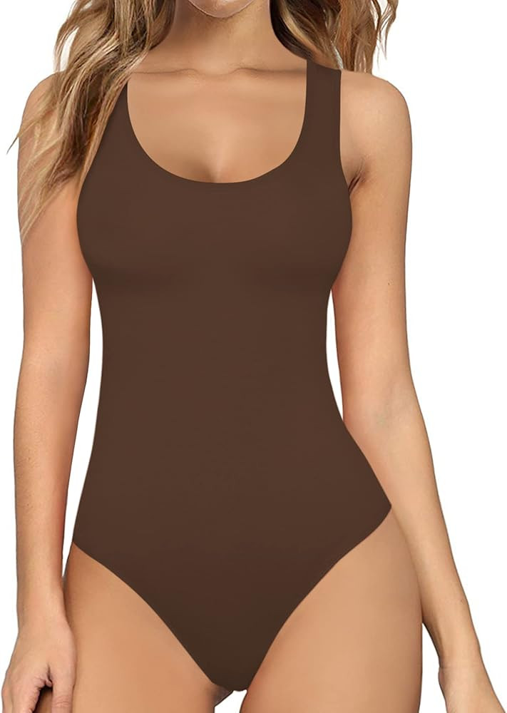 MANGOPOP Women's Tank Top Bodysuit Scoop Neck Sleeveless Body suit Sexy Backless Ribbed Tops | Amazon (US)