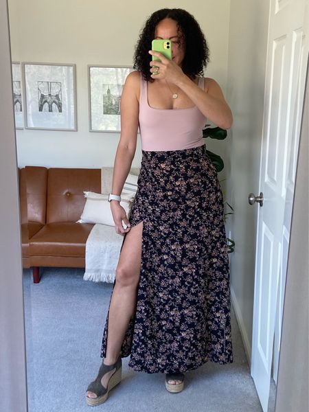 Happy Easter. Easter look. Spring Outfit. Long skirts. Wedges. I’m 5’7” 150lbs and I’m wearing a medium in the body suit and a large in the skirt. The skirt is reaches my ankles. 

#LTKSeasonal #LTKunder50