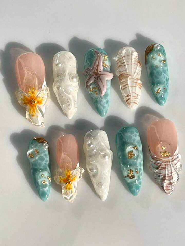 10pcs Set Almond Shape Hand Crafted 3D Ocean Summer Floral Decor Nails, Featuring Starfish, Pearl... | SHEIN