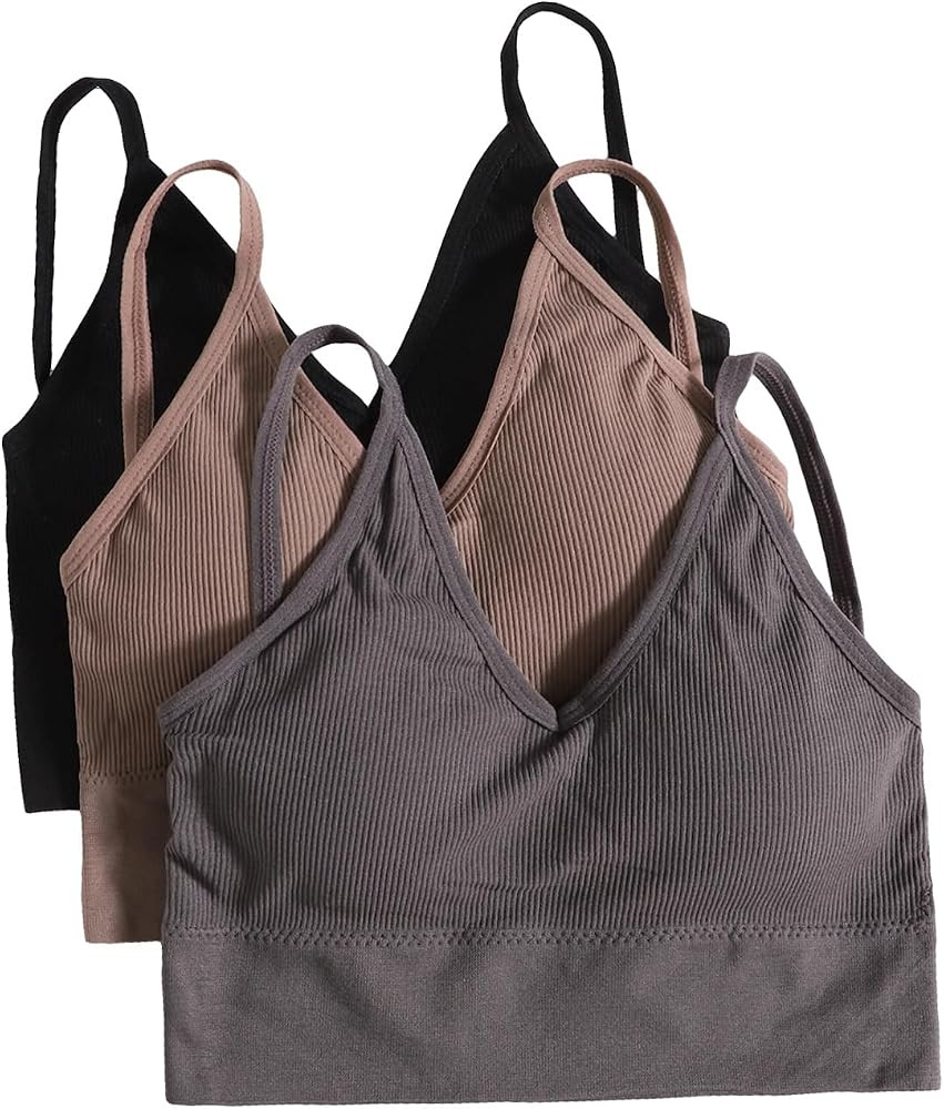 Verdusa Women's 3 Pack Wireless V Neck Bralette Ribbed Camisole Bra | Amazon (US)