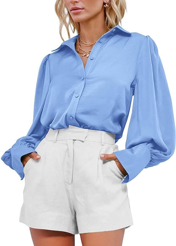 BTFBM Women Satin Button Down Shirts Summer Spring Lantern Long Sleeve Lapel V Neck Blouse Loose ... | Amazon (US)
