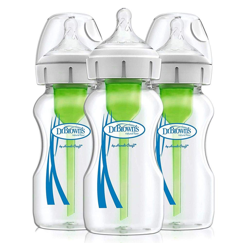 Dr. Brown's Natural Flow Anti-Colic Options+ Wide-Neck Glass Baby Bottles 9 oz/270 mL, with Level 1 Slow Flow Nipple, 3 Pack, 0m+ | Amazon (US)