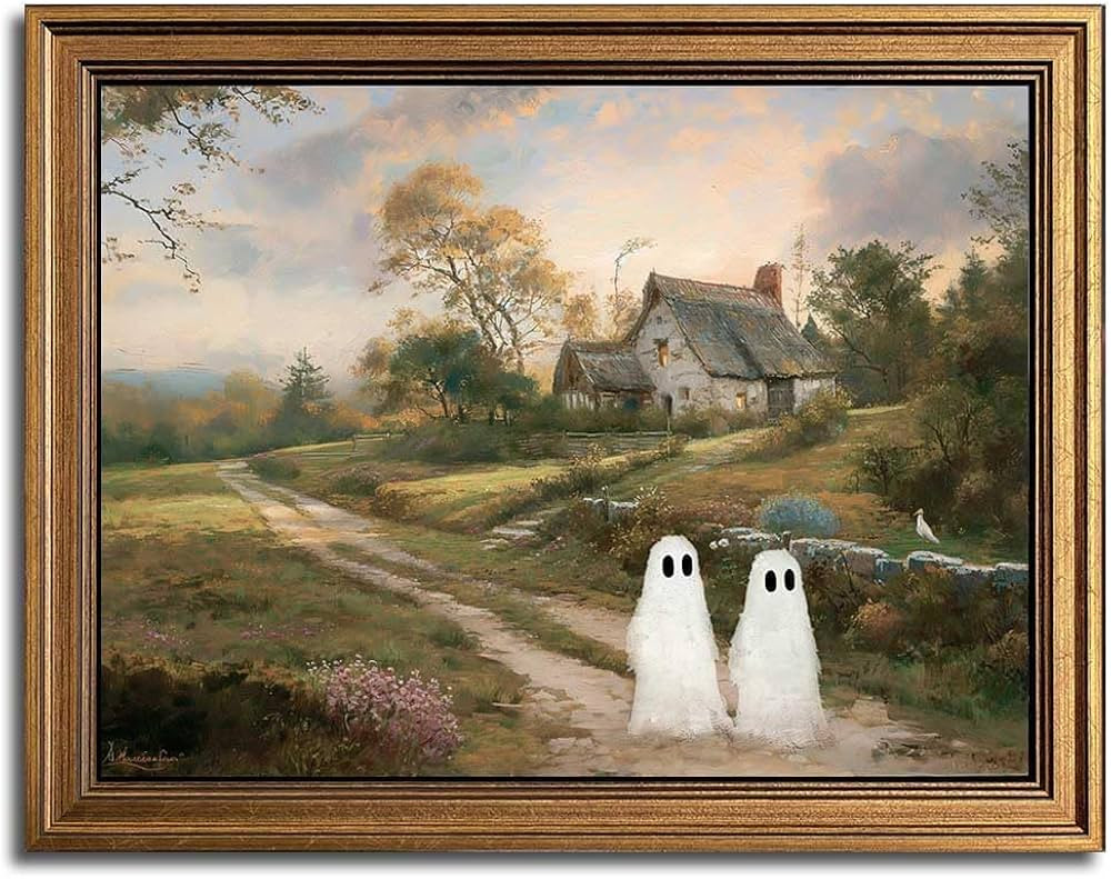 Gold Framed Vintage Halloween Wall Art, Rustic Landscape Wall Decor, Cute Ghost Decor Wall Art, A... | Amazon (US)