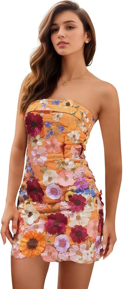 Jamille 3D Floral Applique Homecoming Dresses Embroidered Mini Prom Dress for Teens Strapless Eve... | Amazon (US)