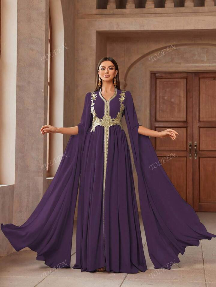 Women's V-Neck Applique Poncho Elegant Arabian Style Dress, Modest Kaftan | SHEIN