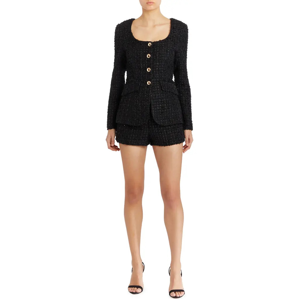 Amanda Uprichard Kya Tweed Romper in Black at Nordstrom, Size Medium | Nordstrom