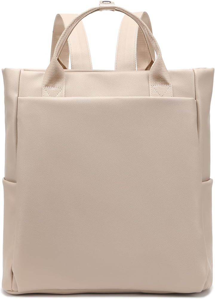 Convertible Laptop Tote Bag, Faux Leather Backpack Fit for 14 inches Laptop, Beige | Amazon (US)