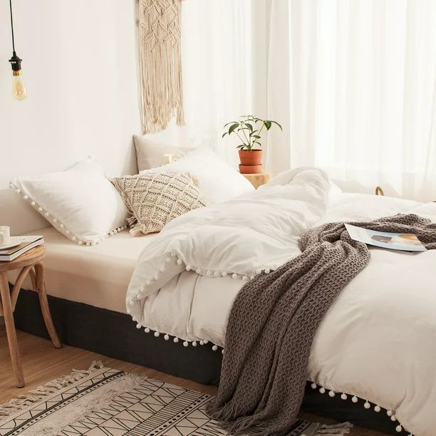 Move Over White Bedding Sets Twin 100% Washed Microfiber Pom Poms Pattern Off White Boho Duvet Co... | Walmart (US)