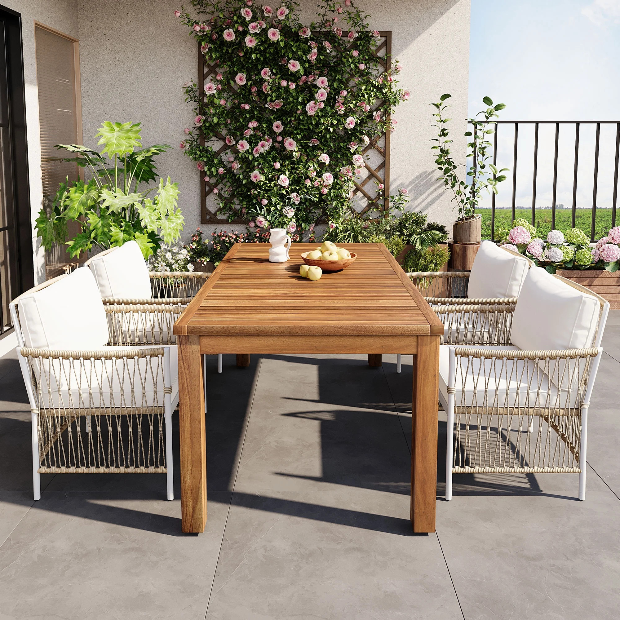 DRNANLIT Patio 5-Piece Wooden Dining Table Set – Outdoor 67”L Rectangular Table with 4 Rattan Arm Chairs, Acacia Wood & Iron Frame, for Poolside Backyard Garden, Natural - Walmart.com | Walmart (US)