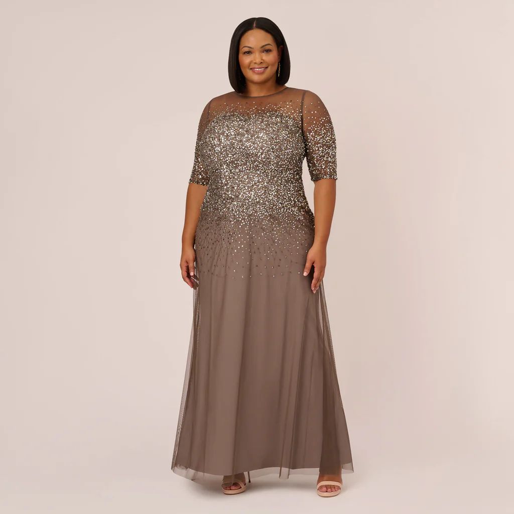 Plus Size Beaded Illusion Gown In Lead | Adrianna Papell