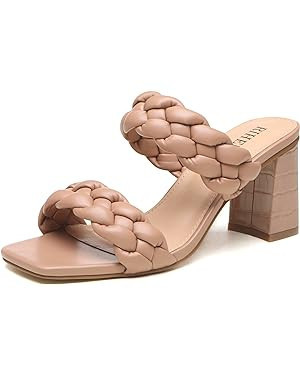Rihero Women's Braided Heeled Sandals Strappy Square Toe Slip On Chunky Heels | Amazon (US)
