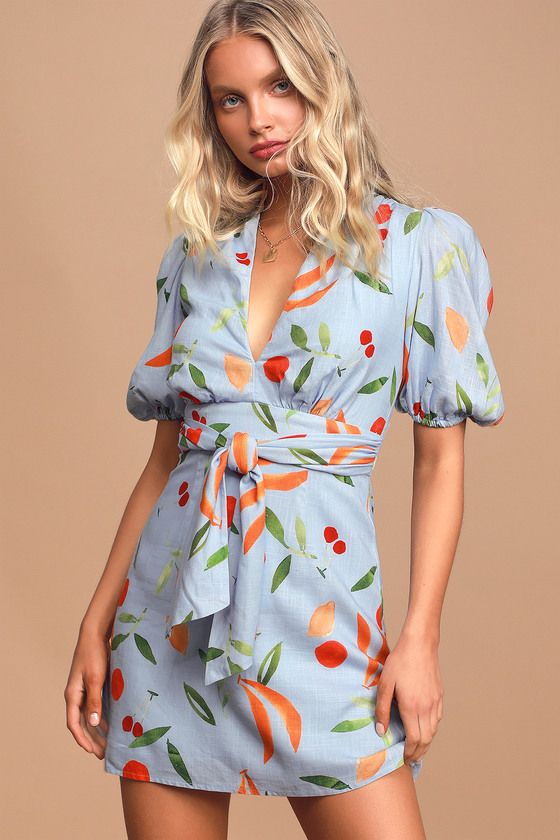 Calypso Light Blue Fruit Print Puff Sleeve Mini Dress | Lulus (US)