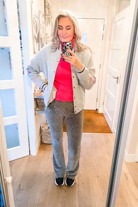Ootd - Thursday. Hot pink ribbed turtleneck with a grey wooly bomber jacket, silver glitter flared leggings and adidas sneakers. 

#LTKgift 

#LTKstyletip #LTKHoliday #LTKSeasonal