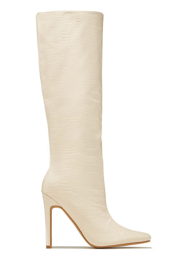 Miss Lola | Adelaisa Bone Croc Knee High Heel Boots | MISS LOLA