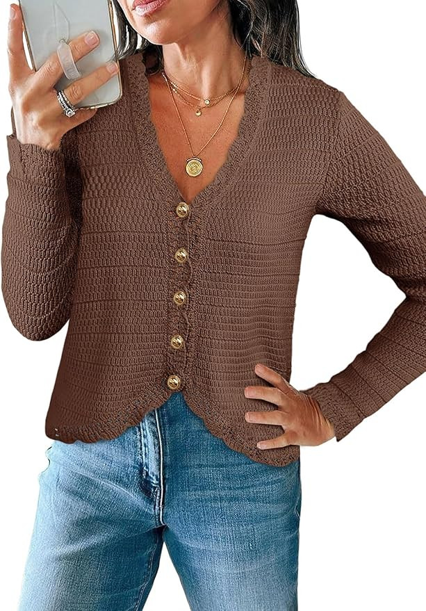 Saodimallsu Womens V Neck Cardigan Sweaters Button Up Cropped Boho Knit Long Sleeve Loose Trendy ... | Amazon (US)