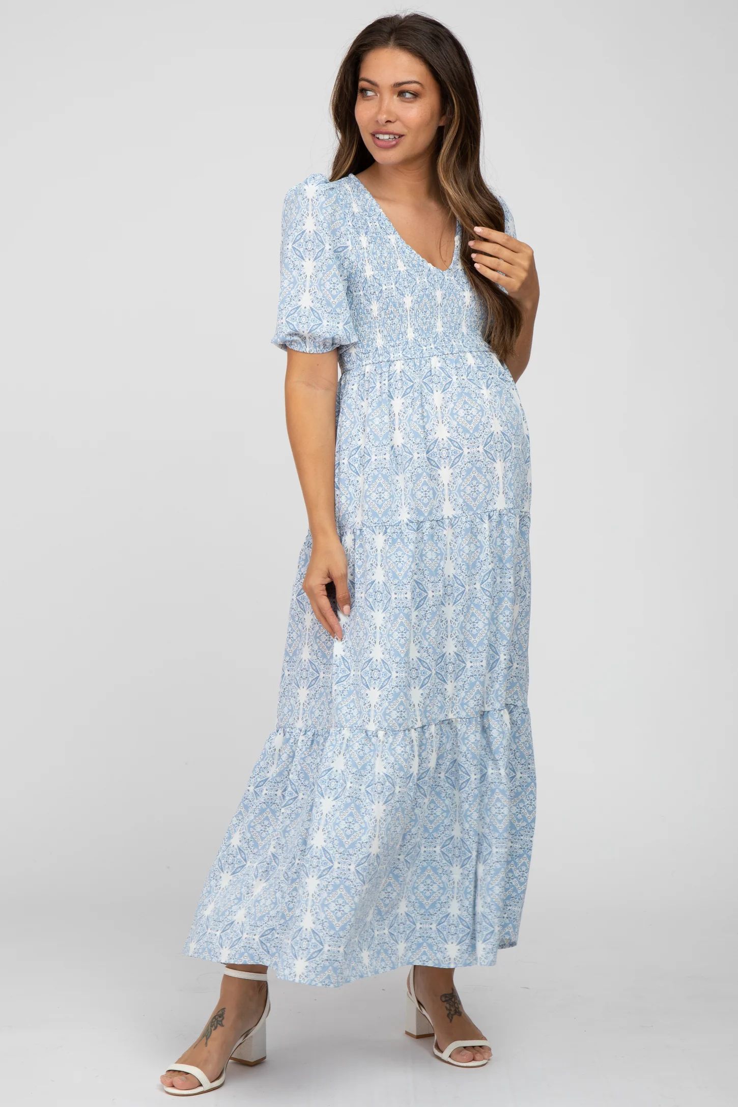 Blue Paisley Print Smocked Tiered Maternity Maxi Dress | PinkBlush Maternity