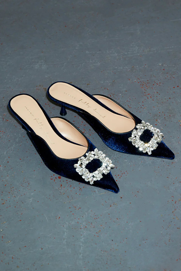 Embellished Navy Velvet City Mules | Never Fully Dressed US