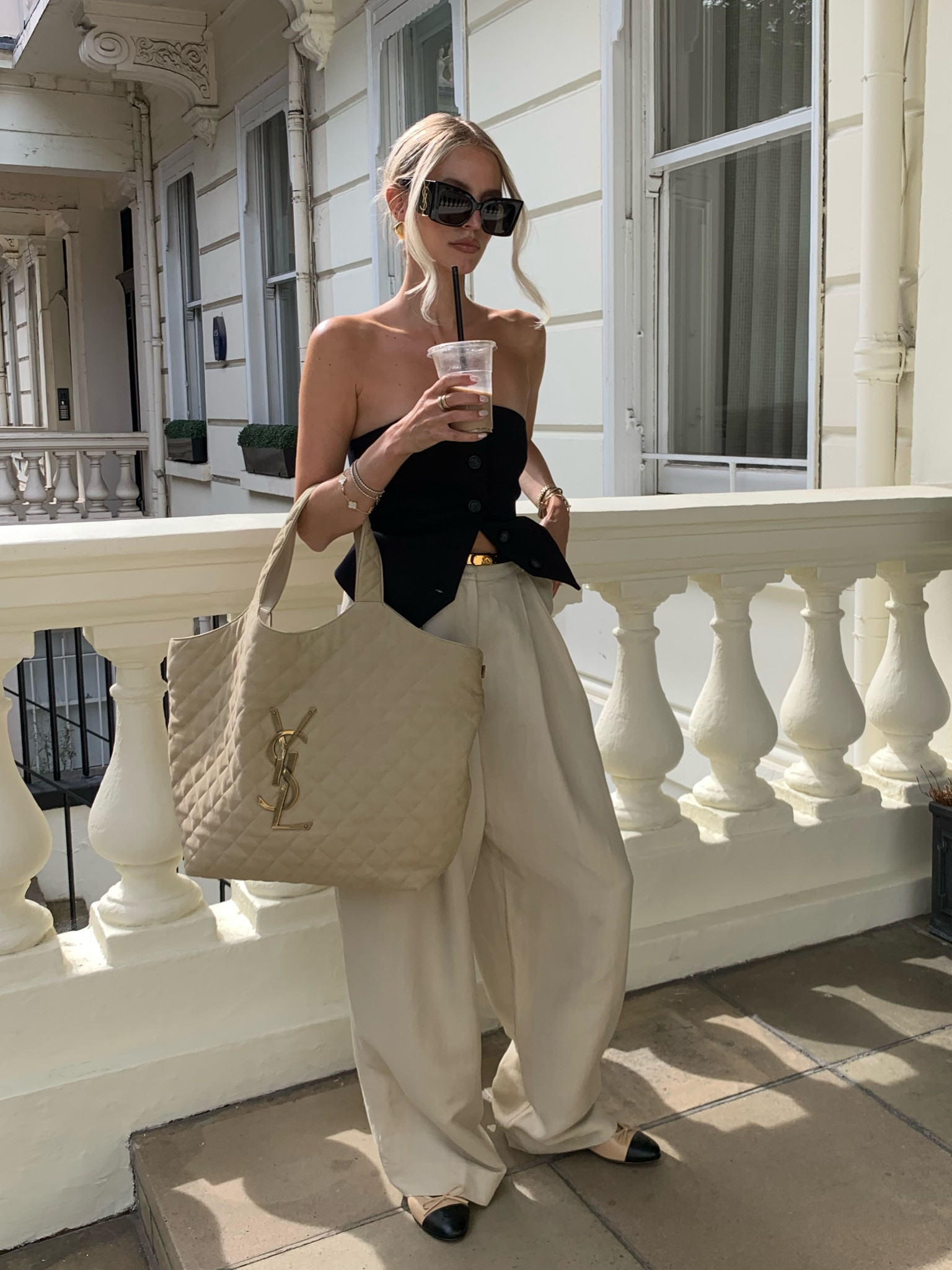 London summer fit with oversized pants and YSL icare suede bag 🖤