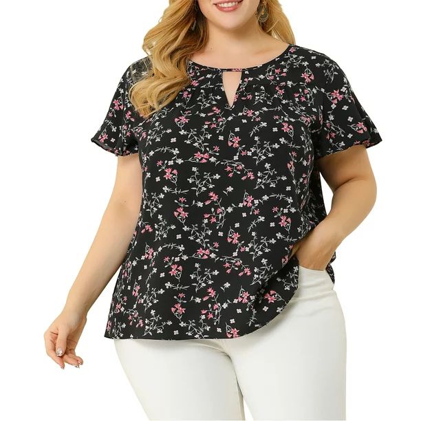 Agnes Orinda Women's Plus Size Floral Keyhole Flared Short Sleeve Chiffon Blouse - Walmart.com | Walmart (US)