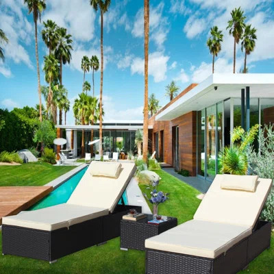 3-Piece Outdoor Patio Furniture Set Chaise Lounge, Patio Reclining Rattan Lounge Chair Chaise Couch Cushioned, Patio Seating Set | Wayfair North America