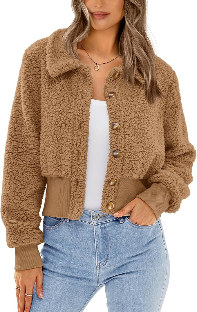 BTFBM Women's Button Down Sherpa Shacket Jacket Long Sleeve Faux Fur Warm Fall Winter Outwear Fuz... | Amazon (US)