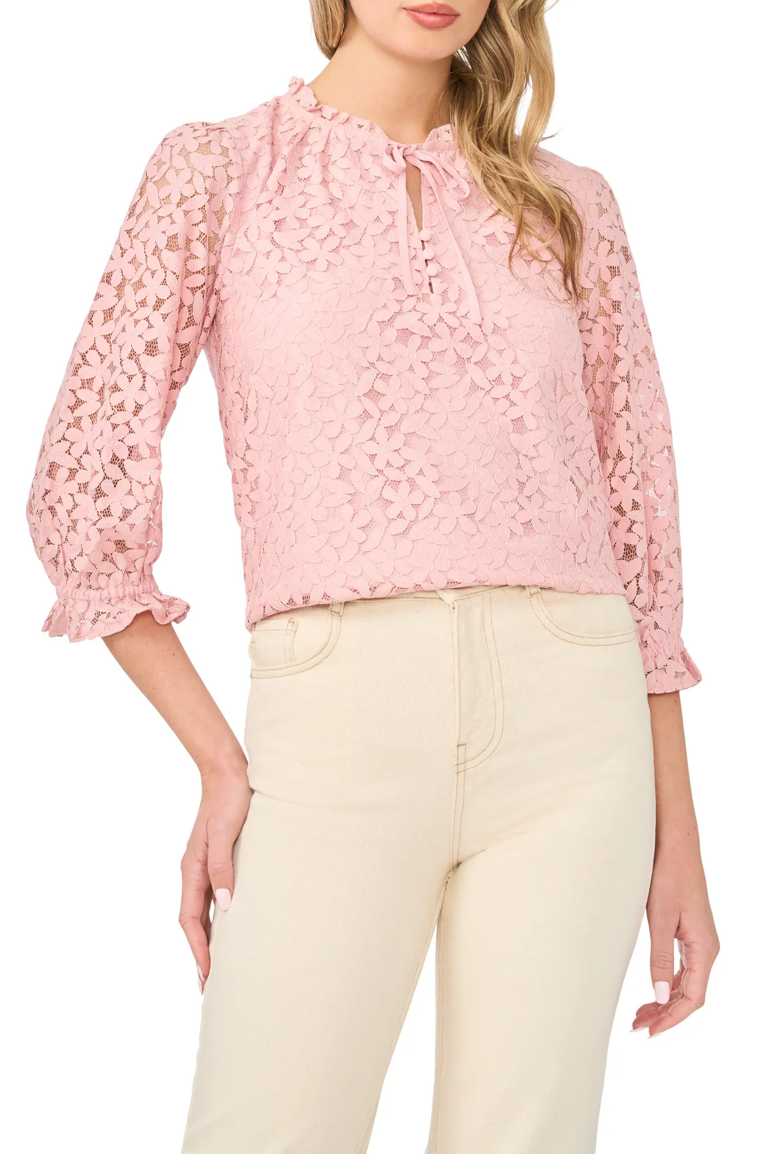 CeCe Lace Ruffle Tie Neck Top (Women) | Nordstrom | Nordstrom