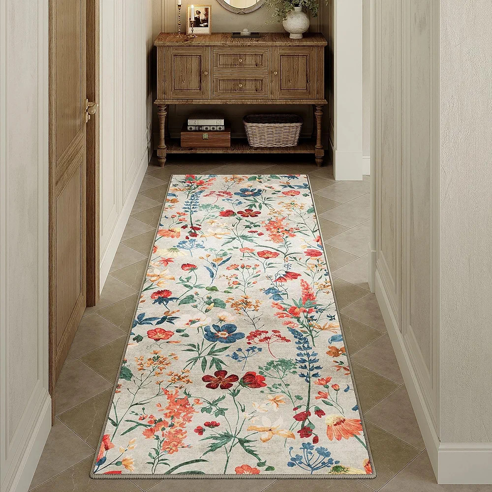 Floral Runner Rug 2x6 Washable Hallway Long Beige Bedroom Carpet Non Slip Indoor Boho Kitchen Low... | Amazon (US)