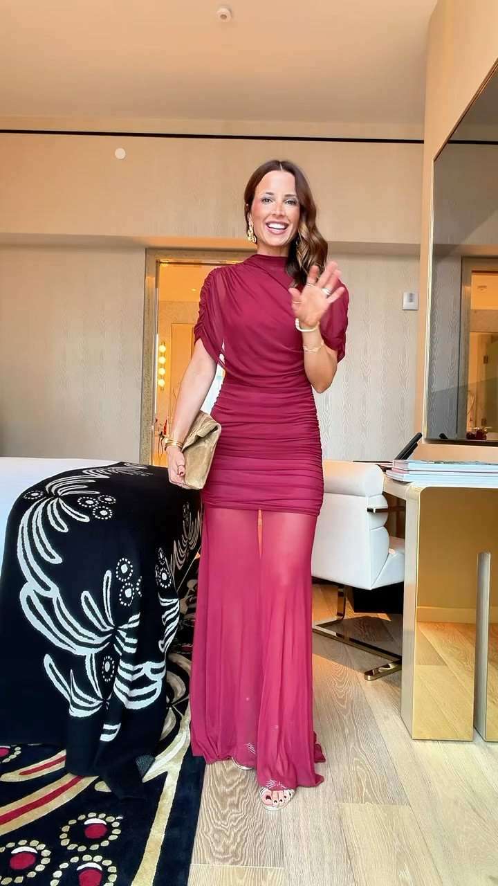 Cocktail dress for NYFW! Wedding guest dress. Fall wedding guest. Winter wedding guest. Mesh maxi in XS. Has a train in the back. Very stretchy and so comfortable! I love this sm!! YSL suede clutch. Gold heels are TTS.

#LTKdayinmylife #LTKWedding #LTKTravel