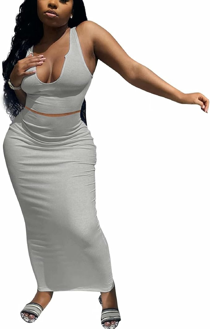 Adogirl Women's Sexy Summer Scoop Neck Ottoman Rib 2 Piece Outfit Bodycon Crop Tank Tops Long Max... | Amazon (US)